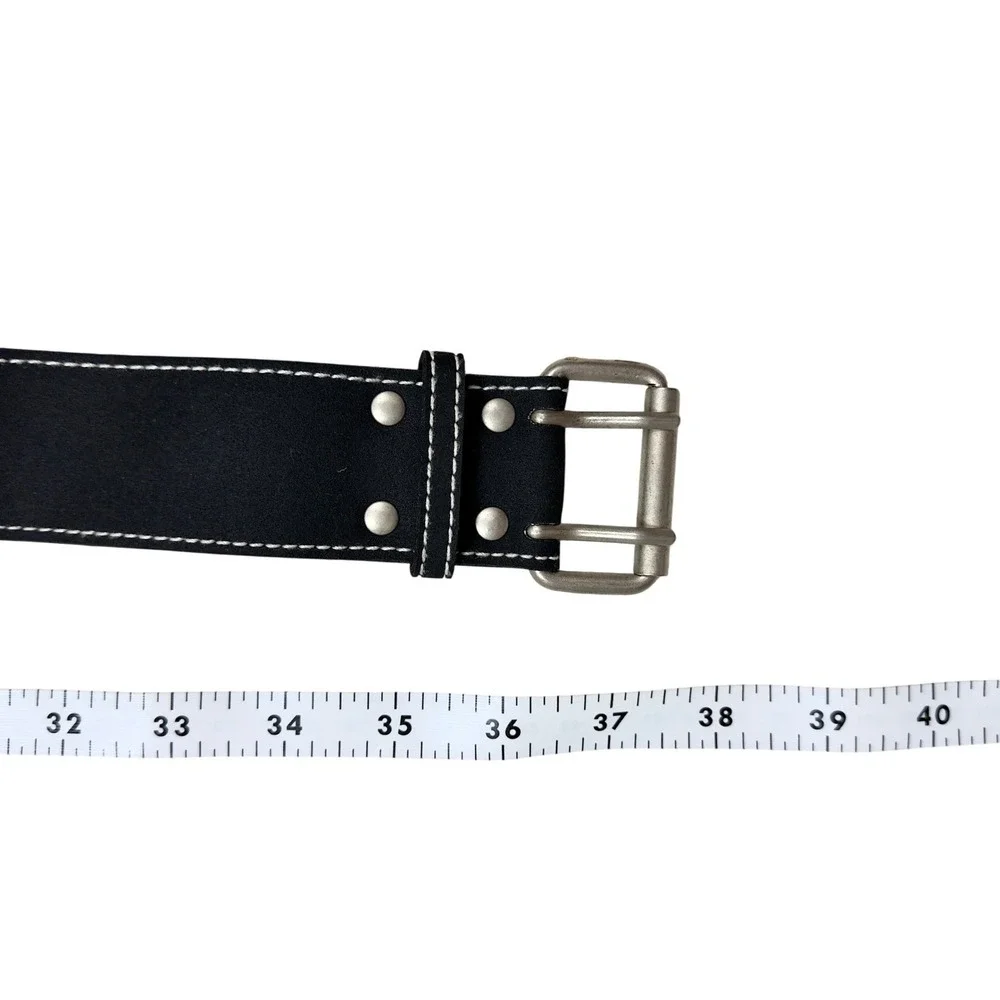 Y2K Black Grunge Contrast Stitch Wide Belt Double Prong Buckle OS